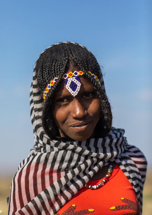 Portrait of an afar tribe girl with braided hair, Afar region, Mile, Ethiopia