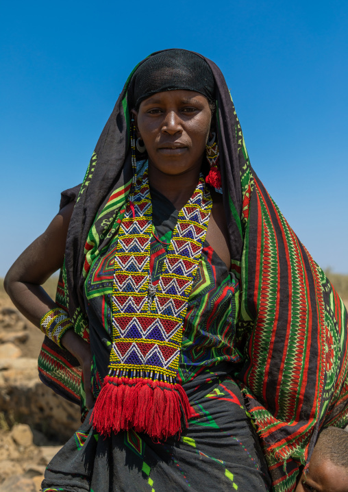 Portrait of an issa tribe woman with a beaded necklace, Afar Region, Gewane, Ethiopia