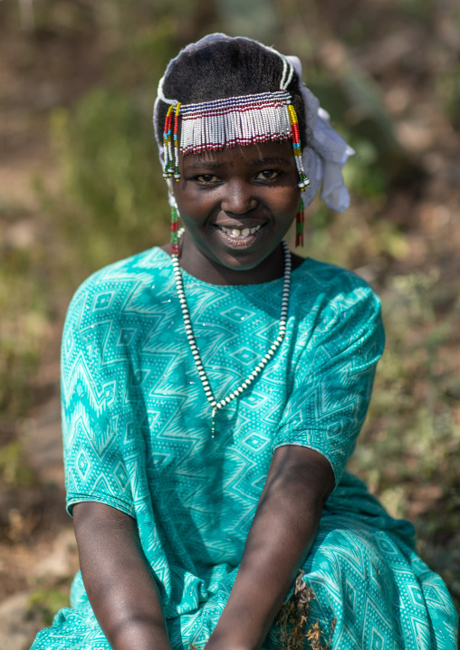 Oromo girl with a beaded headwear, Oromia, Mileso, Ethiopia