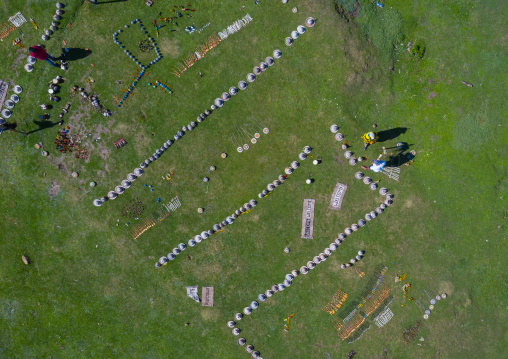 Aerial view of souvenirs for sale in menelik's window landscape, Amhara Region, Debre Sina, Ethiopia
