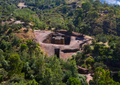 Aerial view of the monolithic rock-cut church of bete giyorgis, Amhara Region, Lalibela, Ethiopia
