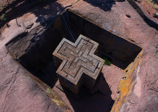 Aerial view of the monolithic rock-cut church of bete giyorgis, Amhara Region, Lalibela, Ethiopia