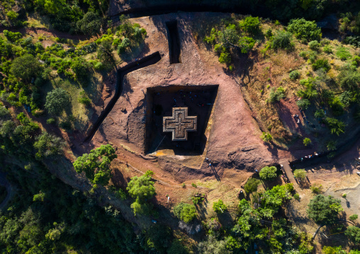 Aerial view of the monolithic rock-cut church of bete giyorgis, Amhara Region, Lalibela, Ethiopia