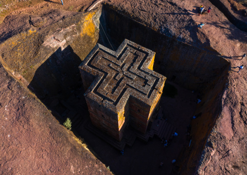 Aerial view of the monolithic rock-cut church of bete giyorgis, Amhara Region, Lalibela, Ethiopia