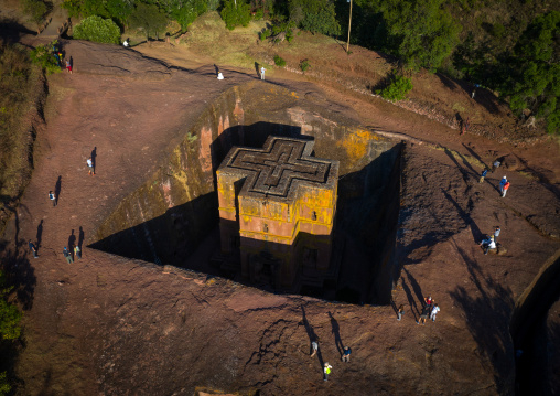 Aerial view of the monolithic rock-cut church of bete giyorgis, Amhara Region, Lalibela, Ethiopia