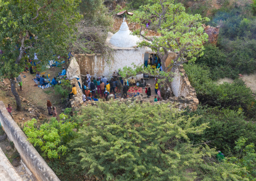 Aerial view of harari people during a sufi celebration near a grave, Harari Region, Harar, Ethiopia