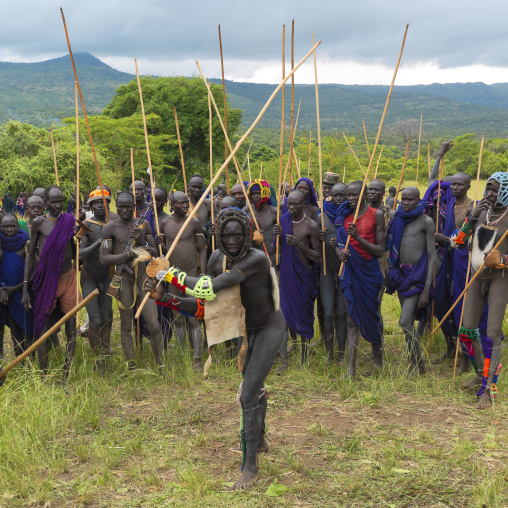 Donga stick fighting in Suri tribe, Tulgit, Omo valley, Ethiopia
