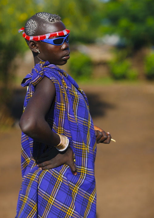 Bodi Tribe Woman With Sunglasses And Headband, Hana Mursi, Omo Valley, Ethiopia