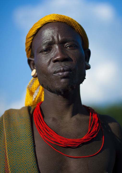 Colourful Bodi Tribe Man With Yellow Headband, Hana Mursi, Omo Valley, Ethiopia