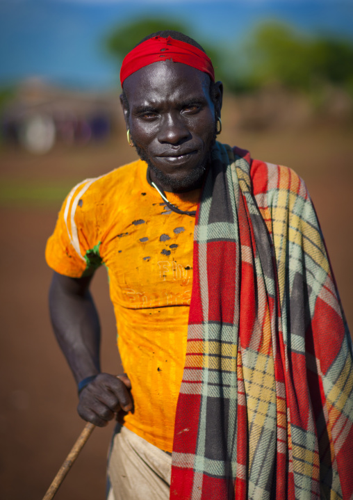 Colourful Bodi Tribe Man With Red Hadband, Hana Mursi, Omo Valley, Ethiopia