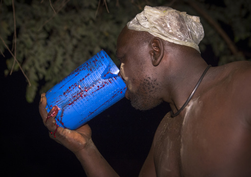 Bodi Tribe Fat Man Drinking Cow Blood, Hana Mursi, Omo Valley, Ethiopia