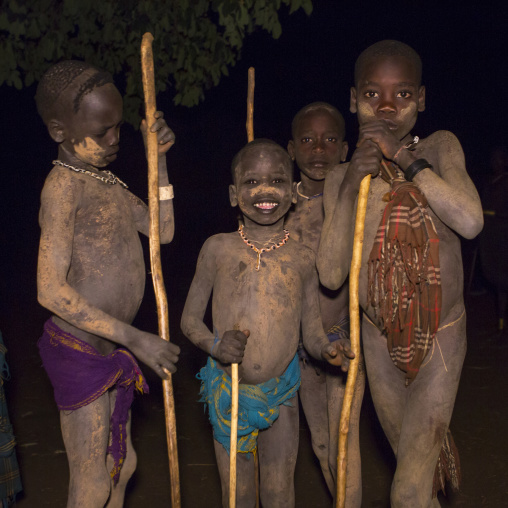Bodi Tribe Children During Night Ceremony Of The Kael, Hana Mursi, Omo Valley, Ethiopia