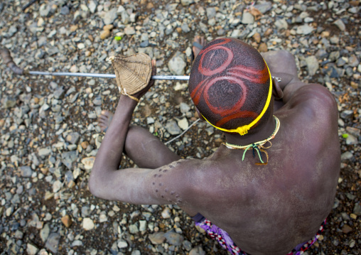 Bodi Tribe Blowing In A Local Trumpet For Kael Ceremony, Hana Mursi, Omo Valley, Ethiopia