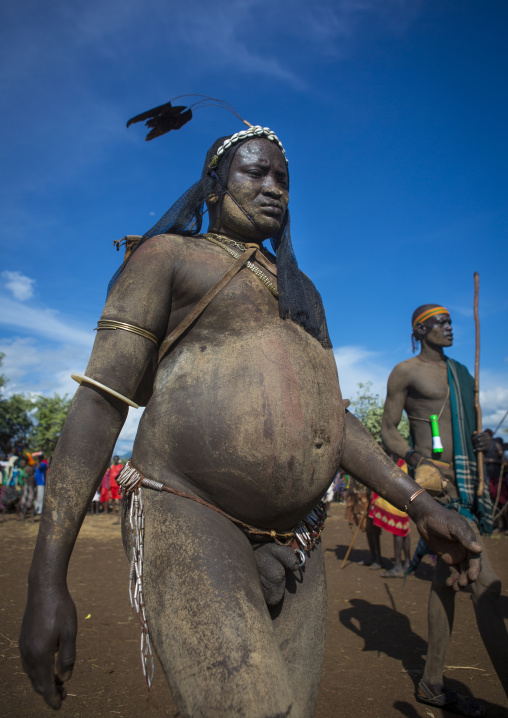 Bodi Tribe Fat Men Running During Kael Ceremony, Hana Mursi, Omo Valley, Ethiopia