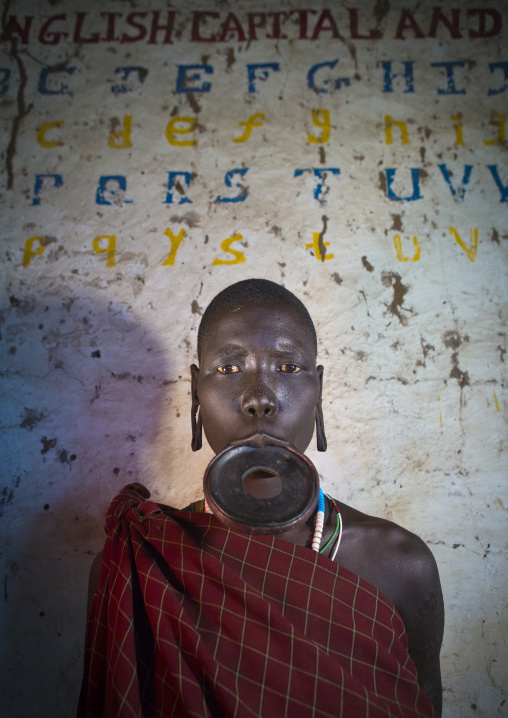 Mursi Tribe Woman In A School, Mago Park, Omo Valley, Ethiopia