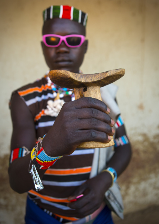 Bana Man Holding His Wood Pillow, Key Afer, Omo Valley, Ethiopia
