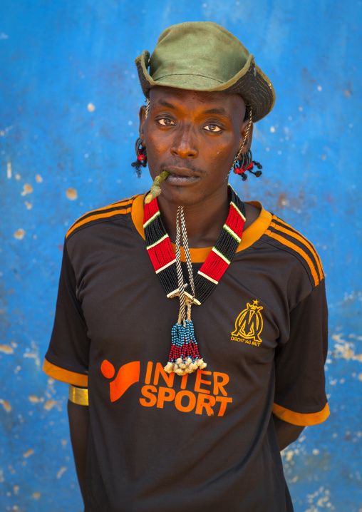 Hamer Tribe Man With A Marseille Football Shirt, Turmi, Omo Valley, Ethiopia