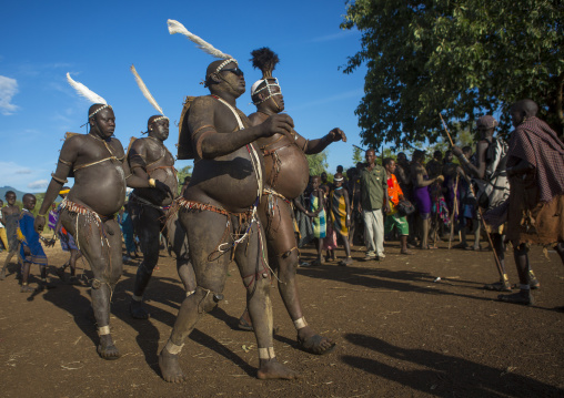 Bodi Tribe Fat Men Running During Kael Ceremony, Hana Mursi, Omo Valley, Ethiopia