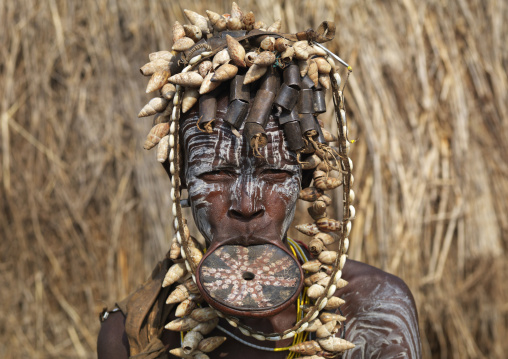 Decorated Clay Disc In Lip Shell Hairdress Mursi Woman Ethiopia