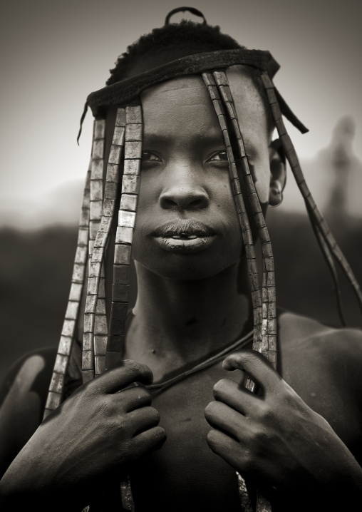 Headgear Mursi Tribe Woman With Expressive Look, Black And White Portrait, Omo Valley, Ethiopia