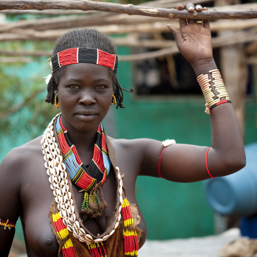 Beautiful Hamer Woman Portrait With Shell And Beaded Jewels, Omo Valley, Ethiopia