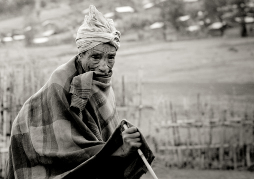 Black and white portrait of an old dorze tribe man, Chencha, Omo valley, Ethiopia