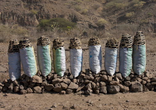 Coal bags sold on the roadside, Assaita, Afar regional state, Ethiopia