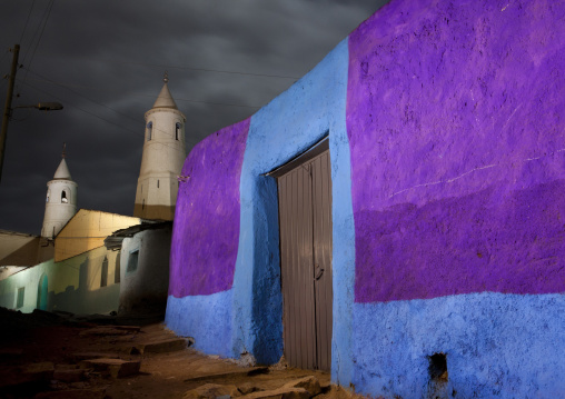 Night Shot Of A Purple And Blue Painted Wall Near Al-jami Mosque In Harar, Ethiopia