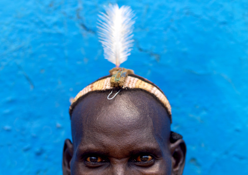 Close-up On The Top Of The Head Of A Dassanech Tribe Man With White Feather, Omorate, Omo Valley, Ethiopia