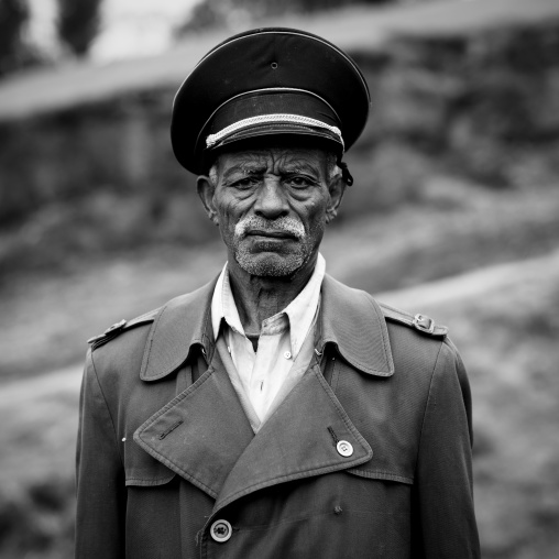 Black and white portrait of a dorze proud former haile selassie soldier, Chencha, Ethiopia