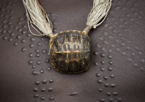 Scarifications and turtle shell on a Suri tribe man chest, Kibish, Omo valley, Ethiopia
