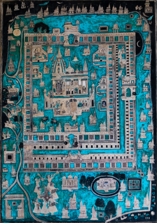 Taragarh fort murals depicting the map of the town, Rajasthan, Bundi, India