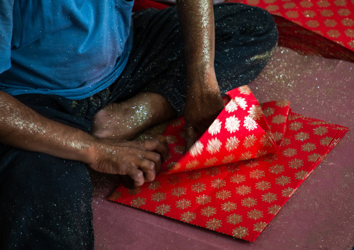 Indian man working in Salim's paper handmade paper factory, Rajasthan, Sanganer, India