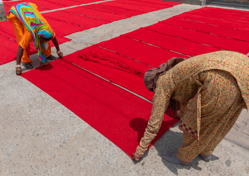 Indian women drying red saris in the street, Rajasthan, Jodhpur, India