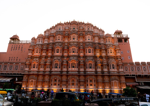 Front of illuminated Hawa Mahal the palace of winds, Rajasthan, Jaipur, India