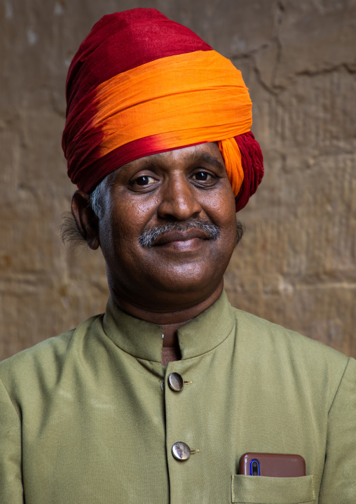 Portrait of a rajasthani guard in the fort in traditional clothing, Rajasthan, Jodhpur, India