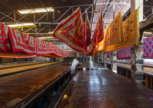Textiles being printed inside a saree factory, Rajasthan, Sanganer, India