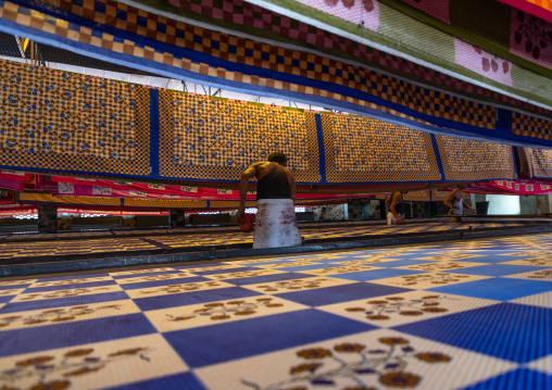 Textiles being printed inside a saree factory, Rajasthan, Sanganer, India