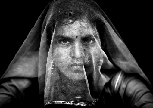 Portrait of a rajasthani woman hidding her face under a red sari, Rajasthan, Jaisalmer, India