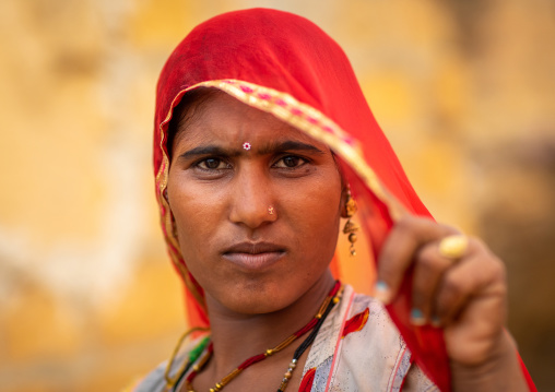 Portrait of a rajasthani woman in traditional sari, Rajasthan, Jaisalmer, India