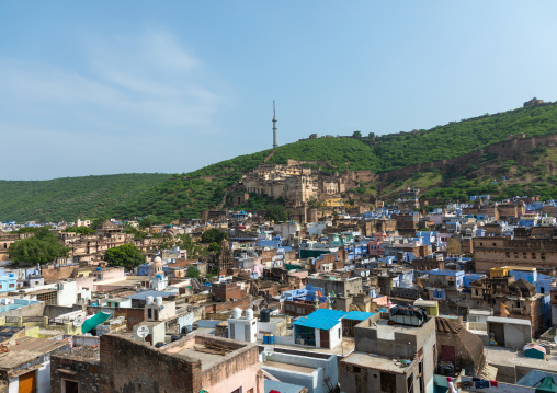 View of the city with the blue brahmin houses, Rajasthan, Bundi, India
