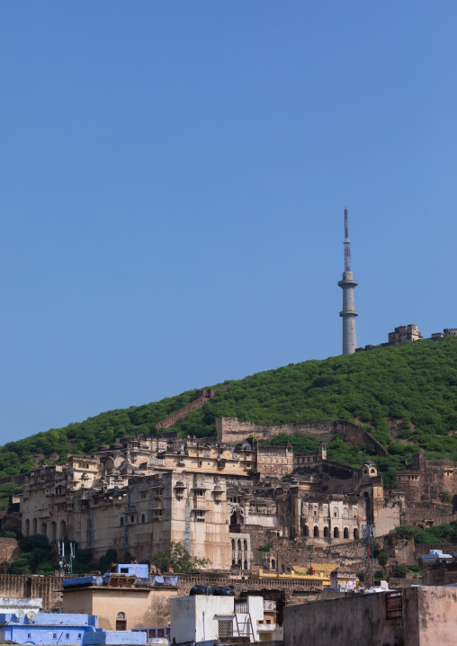 Cityscape with old blue houses brahmins under the fort, Rajasthan, Bundi, India