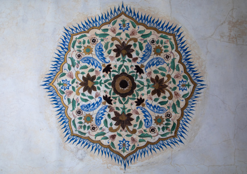 Wall paintings on an old ceiling in Jaigarh fort, Rajasthan, Amer, India