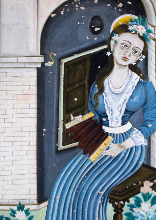 Wall paintings depicting a rich indian woman on an old haveli, Rajasthan, Nawalgarh, India