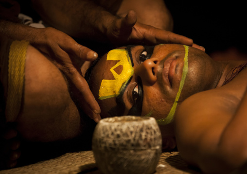 Kathakali Dancer Applying Make-up, Kochi, India