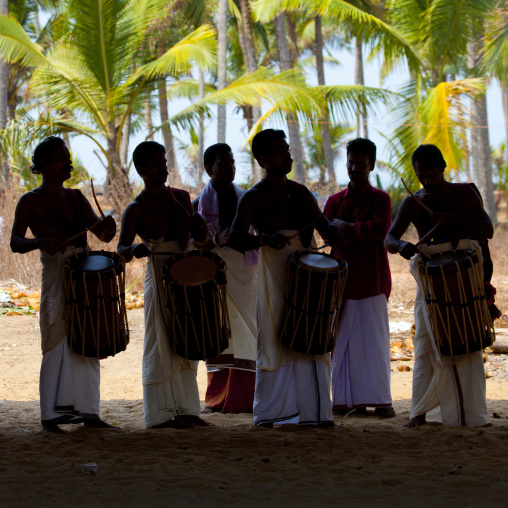 Group Of Men Performing Chenda During Theyyam Ceremony, Thalassery, India