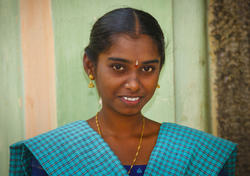Teenage Girl Posing With Bindi And Earrings, Kanadukathan Chettinad, India