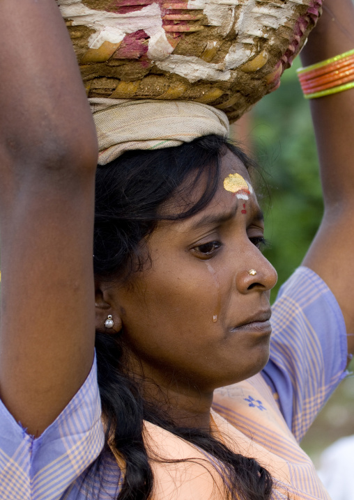 Woman Carrying A Basket On Her Head During Fire Walking Ritual, Madurai, South India