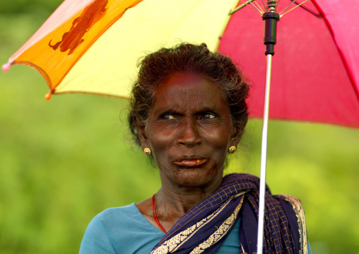Old Indian Woman Carrying An Colorful Umbrella Looking Far Away, Kanadukathan Chettinad, India
