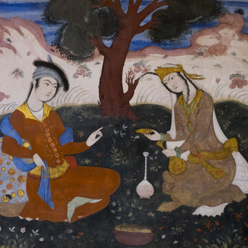 Colorful mural painting in hasht behesht palace, Isfahan province, Isfahan, Iran